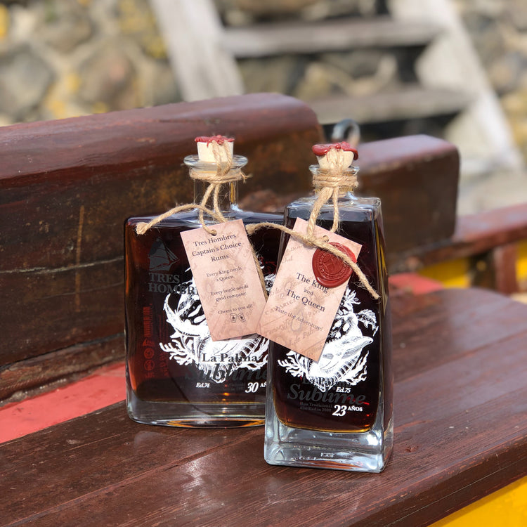 The King and The Queen, two new Tres Hombres Captain's Choice Rums A 30 year-old rum and a 23 year-old rum from La Palma, distillery Aldea, transported by engineless sailing vessel Tres Hombres.