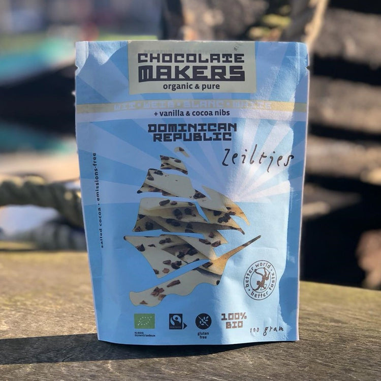 Tres Hombres Chocolate „Schokosegel“ weiße Schokolade mit Vanille und gerösteten Kakaonibs