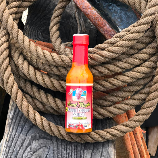 Aunt May' Bajan Pepper Sauce from Barbados. Front of the bottle.